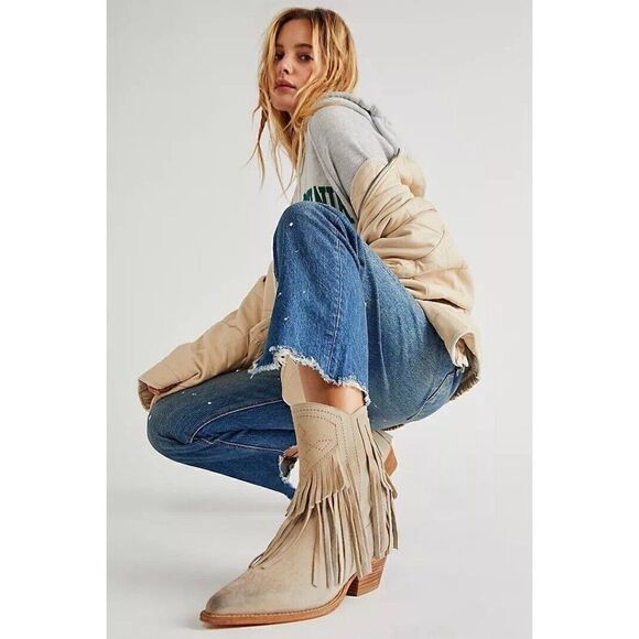 Free People Shoes - NEW FREE PEOPLE LAWLESS FRINGE WESTERN SUEDE ANKLE BOOT IN BONE